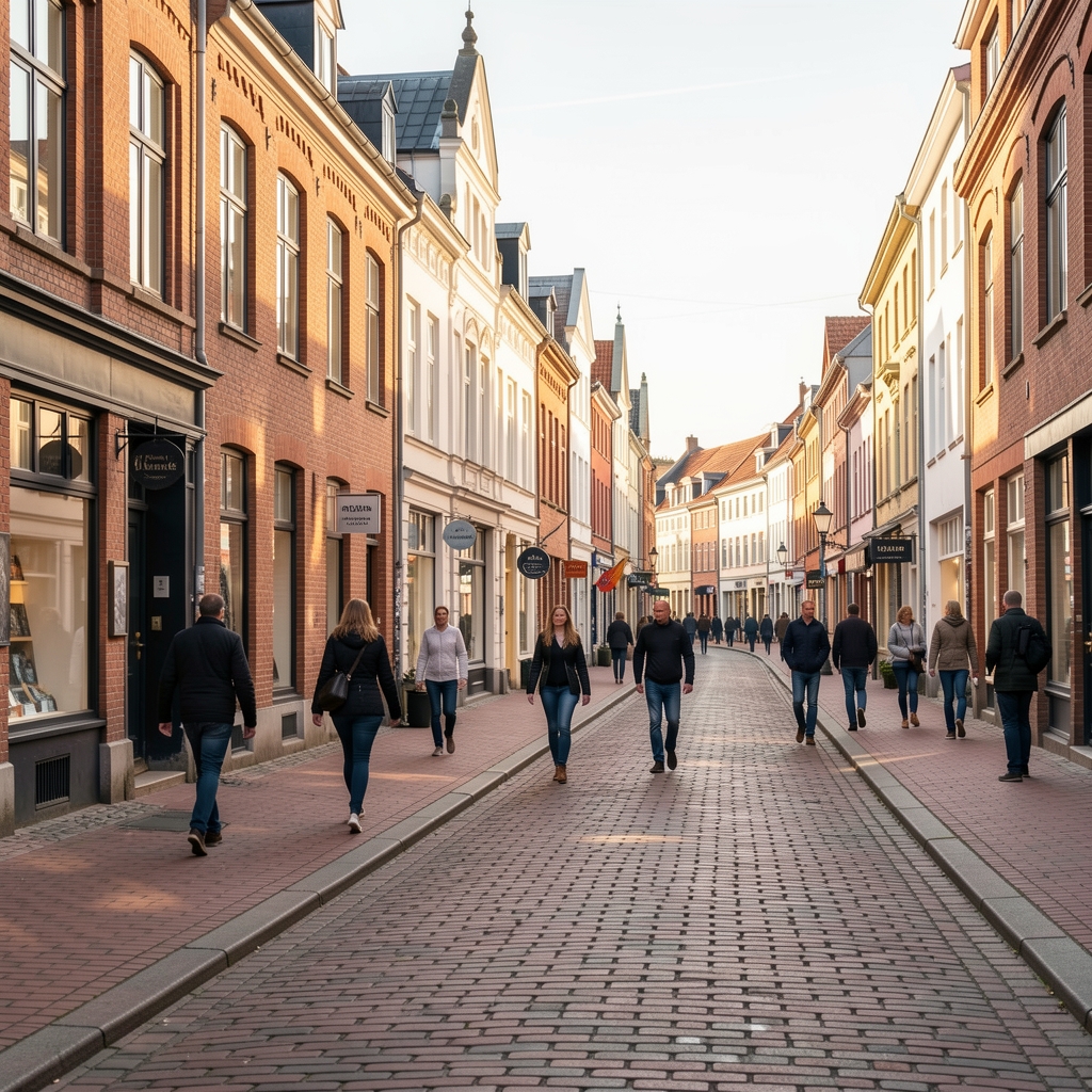 Torvegade i Esbjerg med historiske facader og mennesker i blødt eftermiddagslys