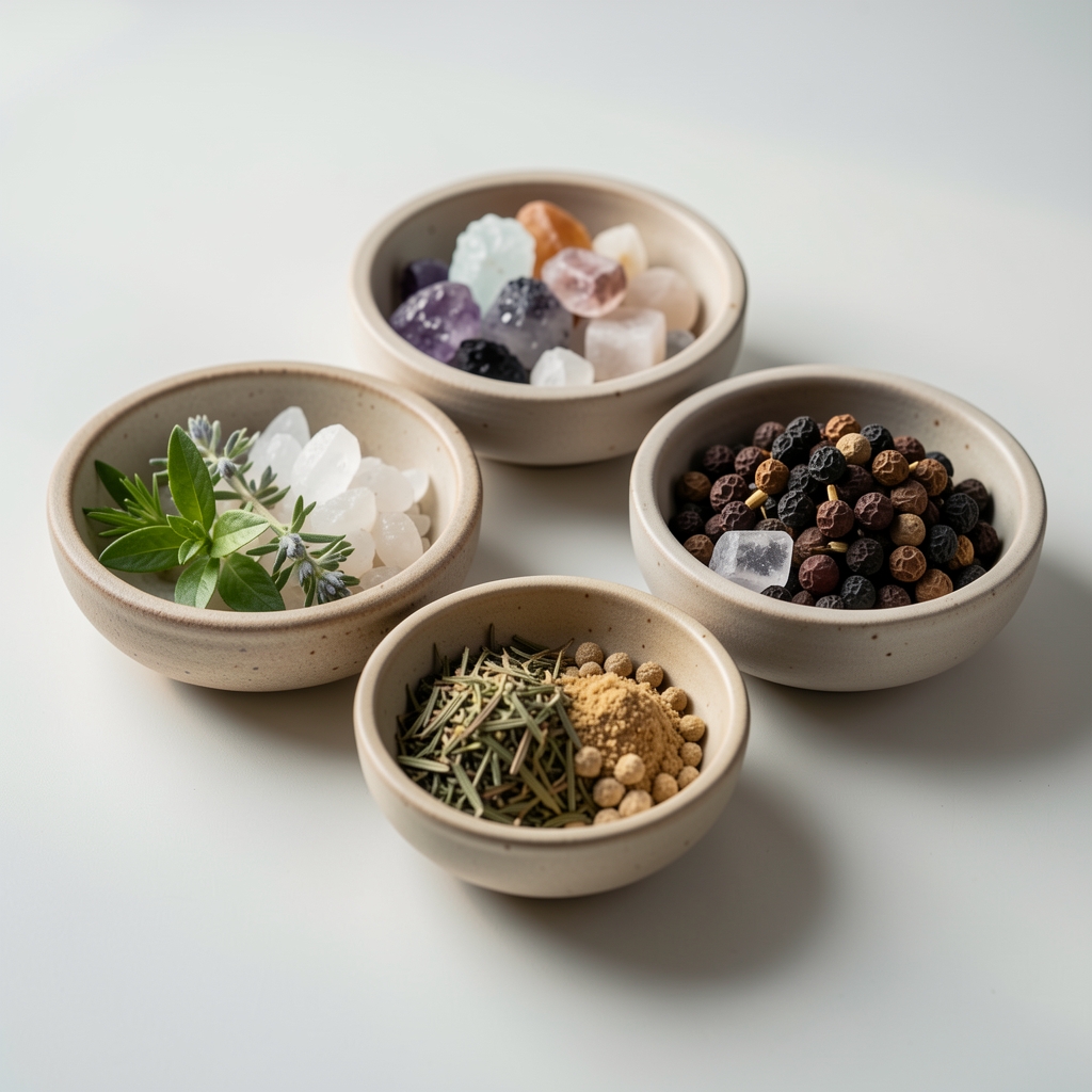 Naturlige ingredienser, mineraler og planteekstrakter arrangeret i keramiske skåle på en lys overflade