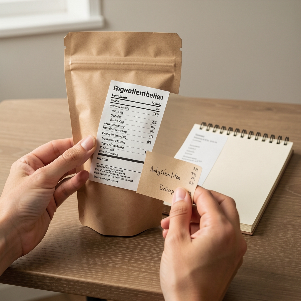 Hænder der læser en dansk ingrediensliste på en neutral emballage ved siden af en notesblok