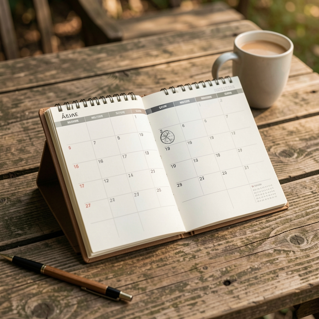 Åben kalender med diskrete markeringer for søvn, måltider og gåture på et træbord